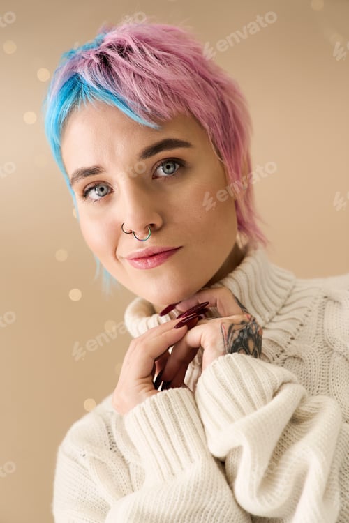 Preview: Festive winter portrait of a beautiful young woman with vibrant hair colors