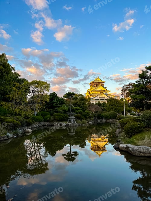 Preview: Osaka Castle illuminated by warm light of sunset, Osaka, Japan