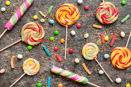 Preview: Tasty appetizing Party Accessories Happy Birthday Sweet. Different types of candies o