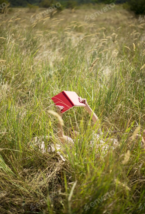 Preview: Woman lying in long grass reading book