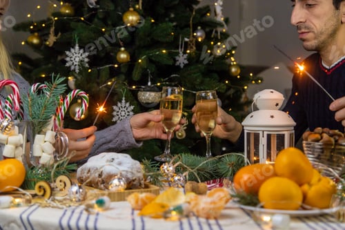 Preview: Champagne on the Christmas table. Selective focus.