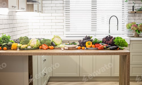 Preview: Various vegetables on a wooden table against the background of a modern kitchen interior.