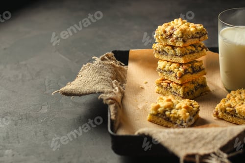 Preview: Cake With Streusel, Jam And Crunch. Top View. Food Background