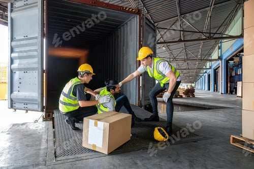 Preview: Worker carry carton box taken from 40 feet steel container got accident drop box to floor injury