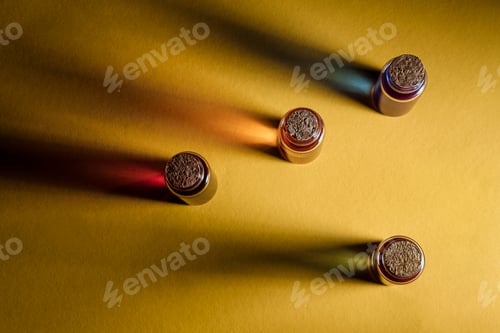 Preview: Small bottles with colorful liquid on a yellow surface closed by corks.