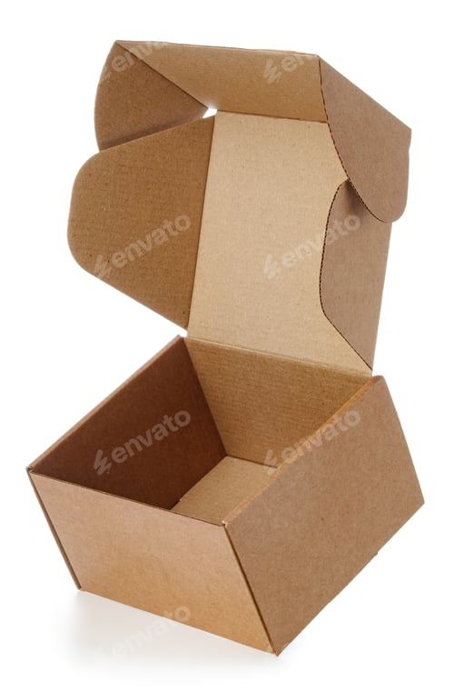 Preview: Empty cardboard box on a white surface showing its open position