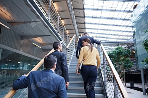 Preview: Rear view of businesswoman and men moving up office stairway