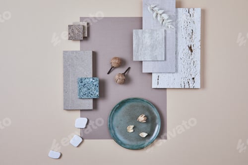 Preview: Creative flat lay composition of interior designer moodboard with textile and paint samples,