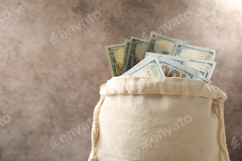 Preview: Bag with dollar banknotes on color background, closeup. Space for text