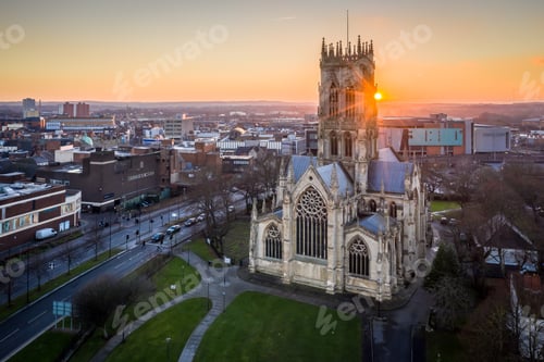 Preview: Aerial view of Doncaster Minster ancient church or cathedral at sunset in the UK