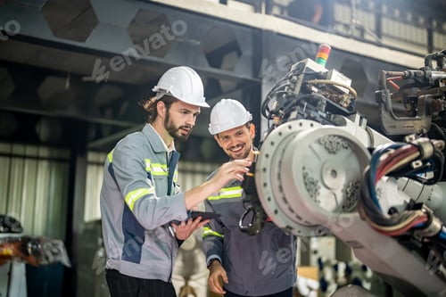 Preview: Engineer inspecting automatic AI robot arm and machines in factory. Engineer inspecting automatic AI