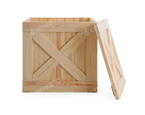Preview: Open wooden crate with lid isolated on white