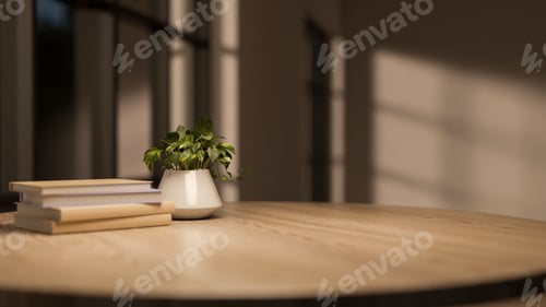 Preview: Pile of books and potted plant on round wooden table across window in dim lit room of modern house.