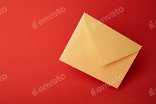 Preview: bright, colorful and yellow envelope on red background with copy space