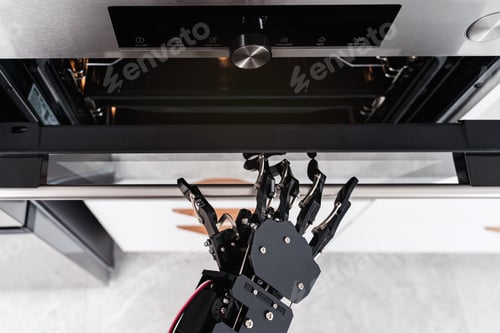 Preview: Real robot's hand and electric oven. Concept of robotic process automation