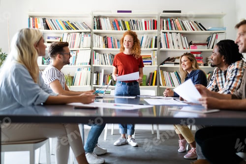 Preview: Group of diverse designers, business people brainstorming on meeting in office