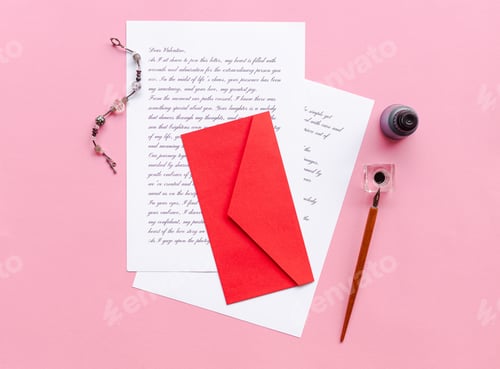 Preview: Top view of a red envelope with a love letter for Valentine's day on a pink background
