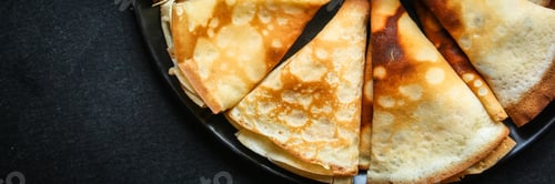 Preview: Crepes Tasty Dessert (Thin Pancakes, Healthy Breakfast) Menu Concept. Background. Top View. Copy
