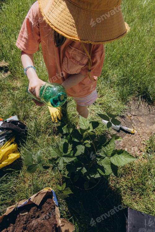 Preview: Girl in bright yellow rubber gloves, waters a potted plant with a reused plastic bottle