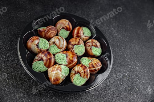 Preview: snails green butter aromatic herbs tasty fresh eating cooking appetizer meal food snack on the table