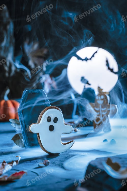 Preview: Spooky Halloween background. Cemetery and gravestones at scary night blue moonlight, flying ghost