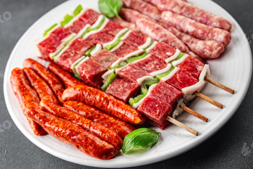 Preview: kebab raw meat fresh vegetables pork, lard, pepper, vegetable dish gourmet food background