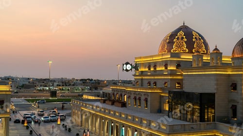 Preview: Luxurious department store building with golden dome, building exterior, urban, city, golden hour