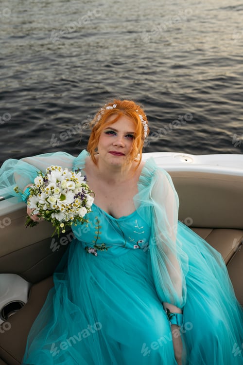 Preview: Nautical portrait of redhead bride in blue dress looking at camera.