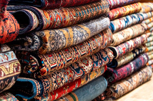 Preview: Stack of colorful traditional patterned rugs in interior shop