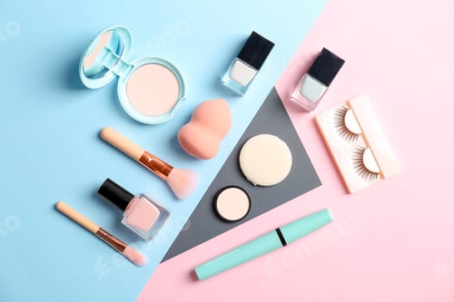 Preview: Flat lay composition with cosmetic products on color background