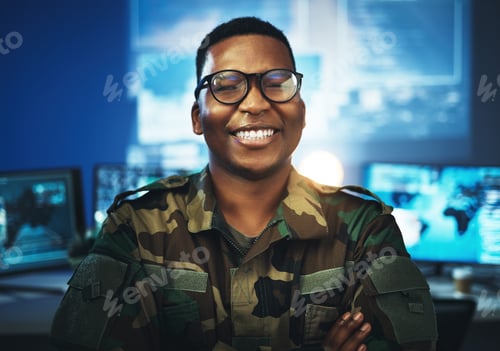 Preview: Military, surveillance and happy portrait of man with arms crossed in cybersecurity, control room a