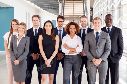 Preview: Office workers in a modern lobby, group portrait