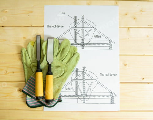 Preview: Repair work. Drawings for building and working tools on wooden background.