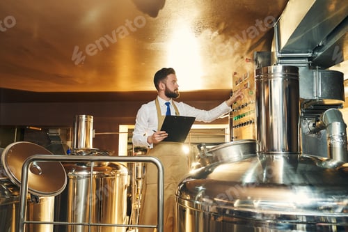 Preview: Handsome engineer of brewery inspecting process of brewing