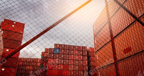 Preview: View from fence of red container stacked. Container logistics. Cargo and shipping. Import and export