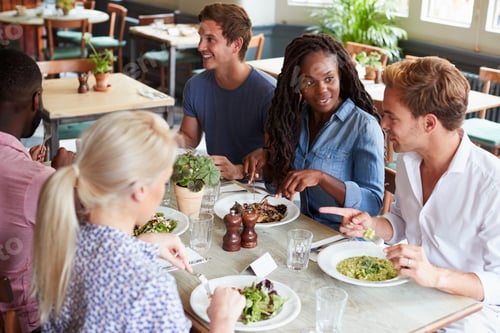Preview: Group Of Friends Sitting At Table In Restaurant Enjoying Meal Together