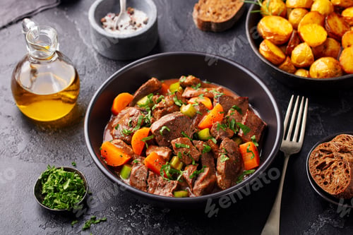 Preview: Beef Meat and Vegetables Stew in Black Bowl with Roasted Baby Potatoes. Dark Background.