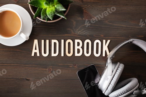 Preview: audiobook word text concept modern wireless headphones smartphone