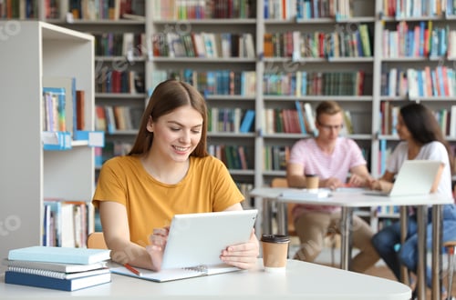 Preview: Young woman working on tablet at table in library. Space for text