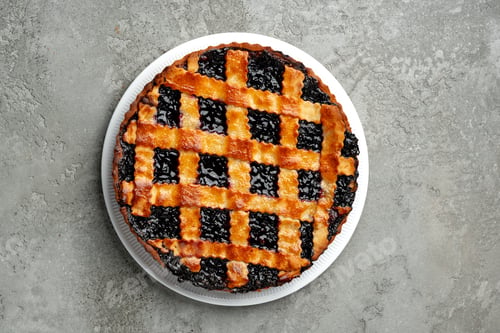 Preview: Freshly baked blackberry pie with a lattice crust on a plain surface