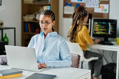 Preview: Female programmer working on laptop in office