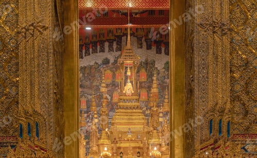 Preview: Golden pagoda at Temple of the Emerald Buddha in Bangkok, Thailand. Wat Phra Kaew and Grand palace