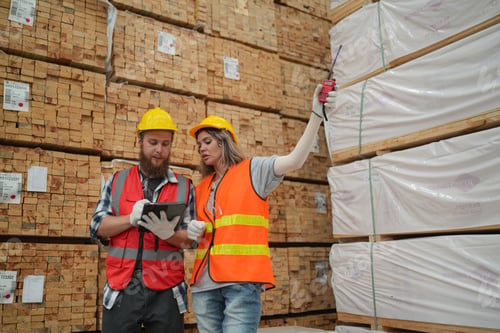 Preview: Mature woman discussing with colleague while examining wooden planks at industry