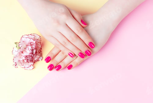 Preview: Female hands with manicure and flower on pink, yellow background, top view