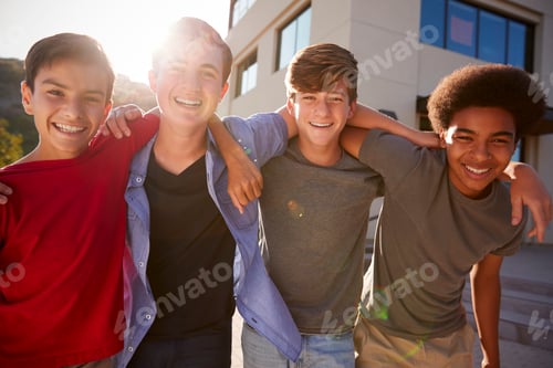 Preview: Portrait Of Male High School Student Friends Outside College Buildings