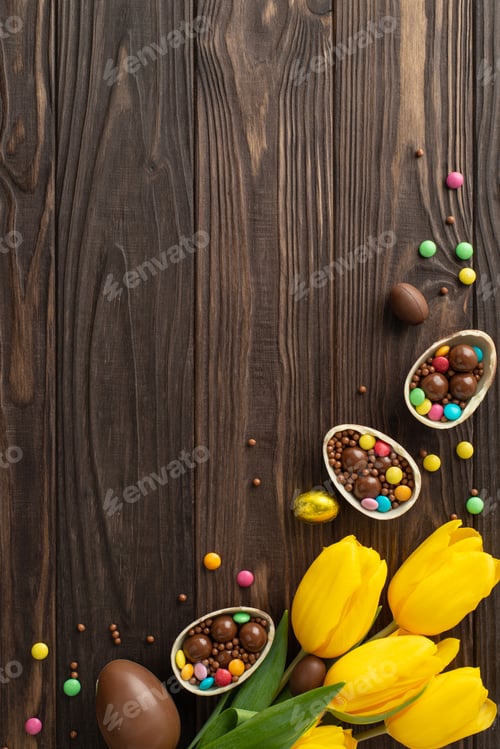 Preview: Sweet Easter vignette: Top view vertical photo of chocolate eggs revealing colorful candy fills