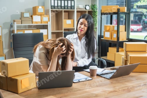 Preview: Two Asian business woman work at their desks, stressed by poor sales not reaching targets.Frequent