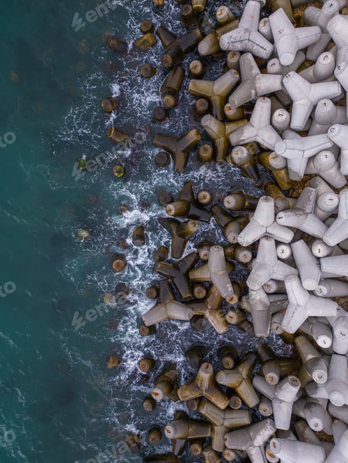 Preview: Aerial drone view of a breakwater. breakwater in the sea, a collection of concrete breakers