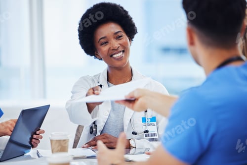 Preview: Healthcare, black woman and doctors with documents, feedback and review for report, admin and succe