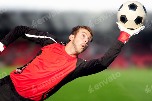 Preview: Football Goalkeeper At A Stadium Catching The Ball